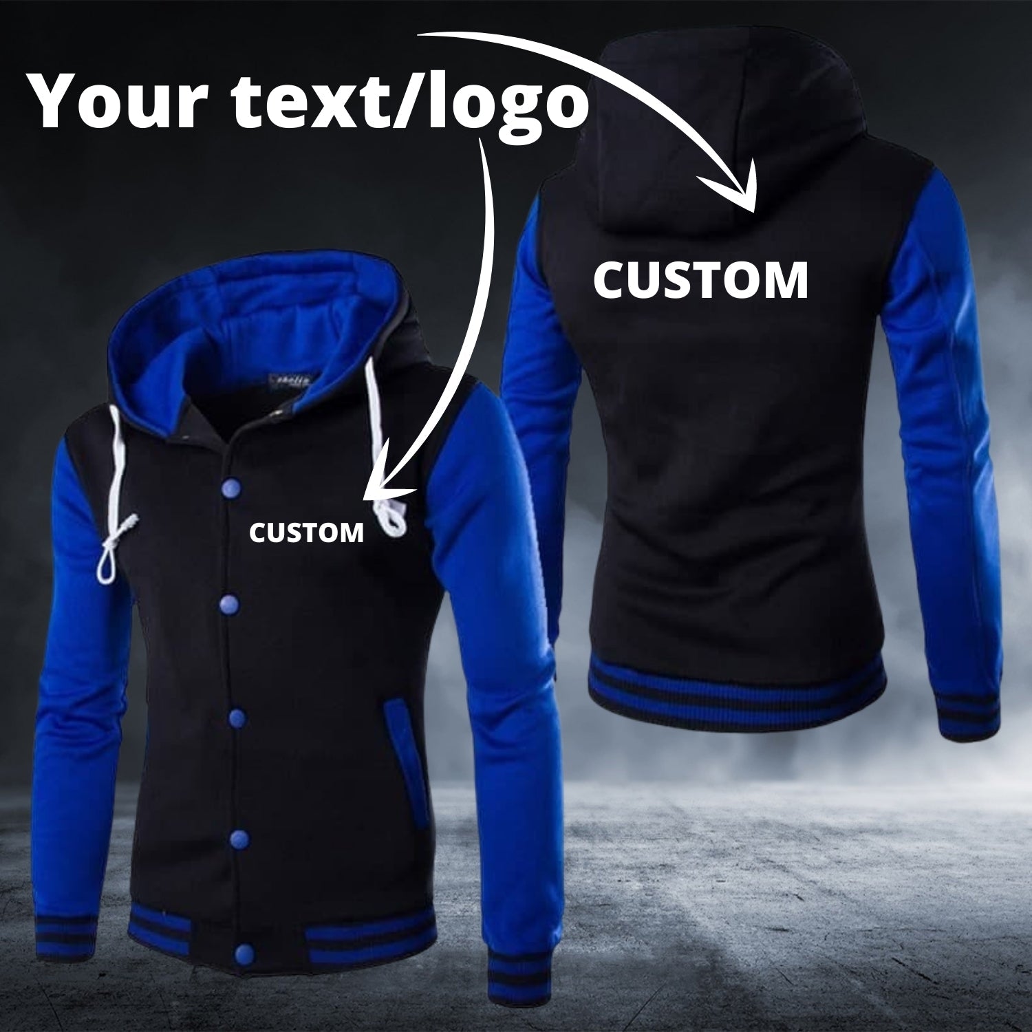 Personalized Custom Text/Logo Blue Long Sleeve Baseball Hoodie - Top Content | POD Collection | Free Shipping