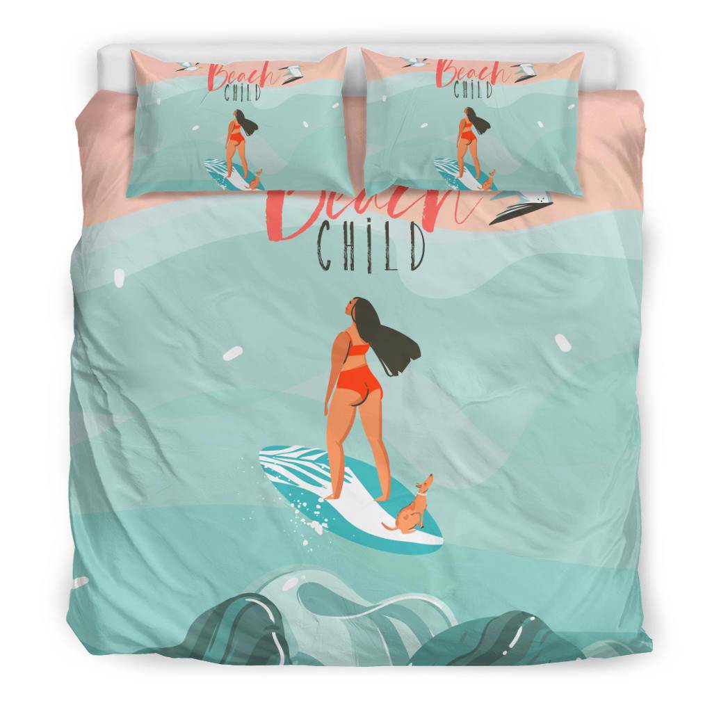 Hand Drawn Cartoon Happy Woman, Beach Child Bedding Set - Top Content | POD Collection | Free Shipping