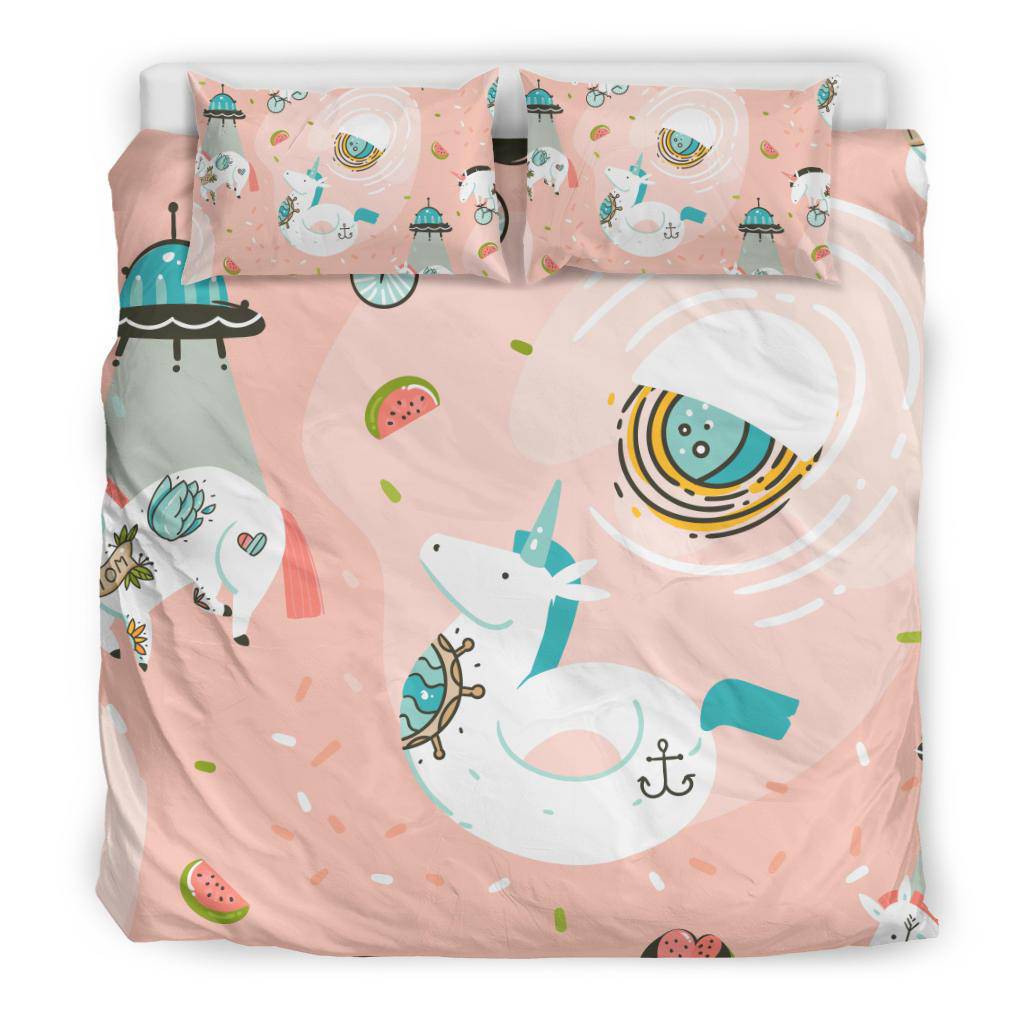 Hand Drawn Unicorn Cosmonaut Spaceship, Pink Space Bedding Set - Top Content | POD Collection | Free Shipping