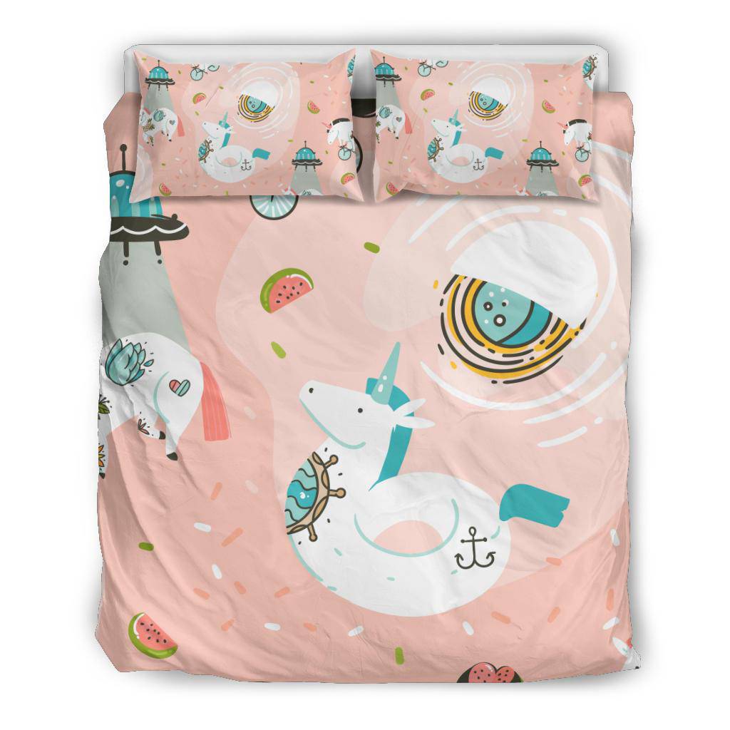 Hand Drawn Unicorn Cosmonaut Spaceship, Pink Space Bedding Set - Top Content | POD Collection | Free Shipping