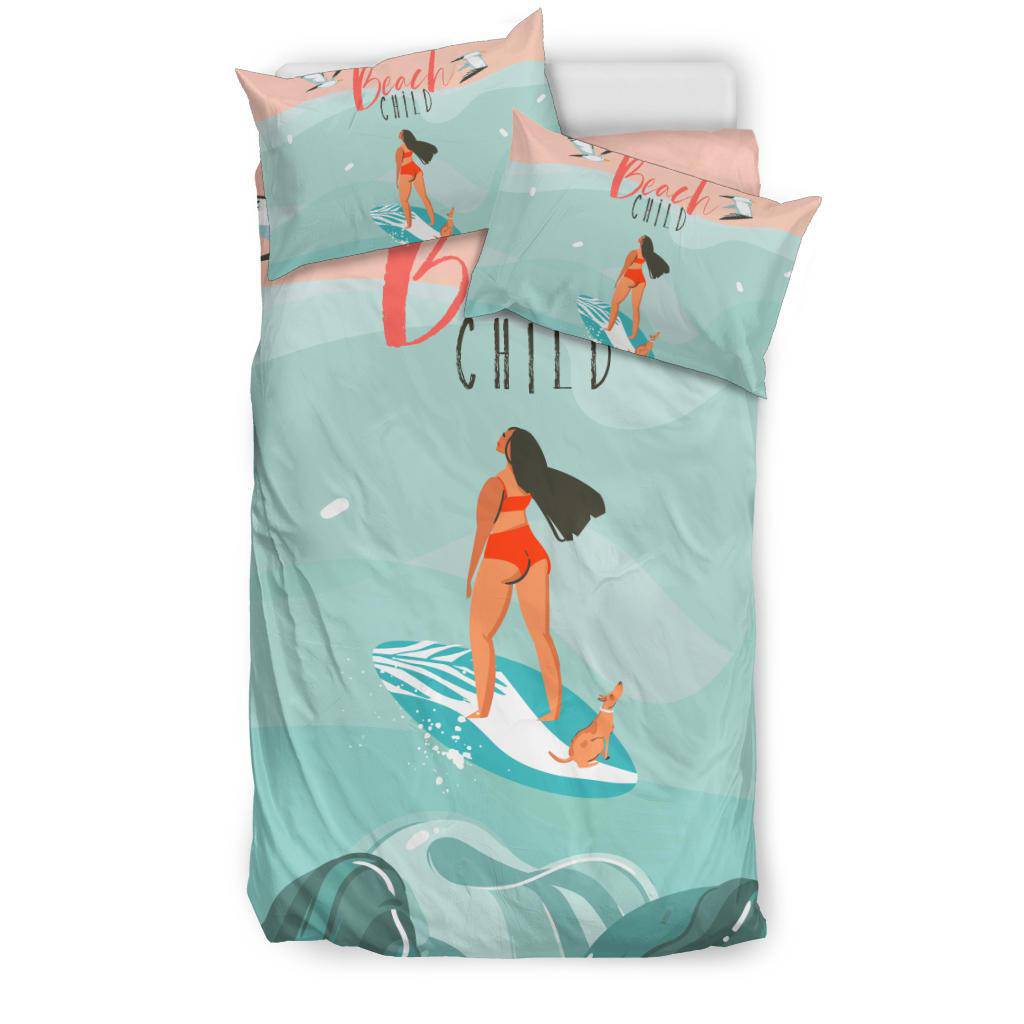 Hand Drawn Cartoon Happy Woman, Beach Child Bedding Set - Top Content | POD Collection | Free Shipping