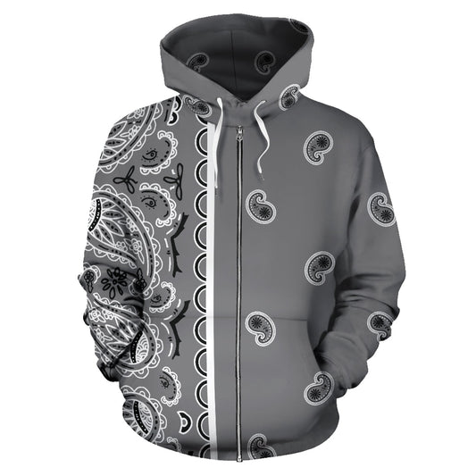 Asymmetrical Gray Bandana Zip Hoodie