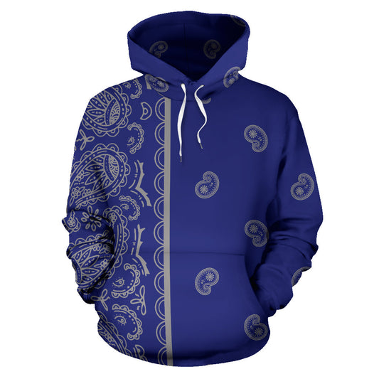 Asymmetrical Blue and Gray Bandana Pullover Hoodie