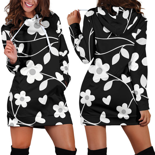 Neutral Floral Black White and Gray Hoodie Dress