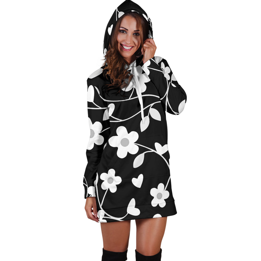 Neutral Floral Black White and Gray Hoodie Dress